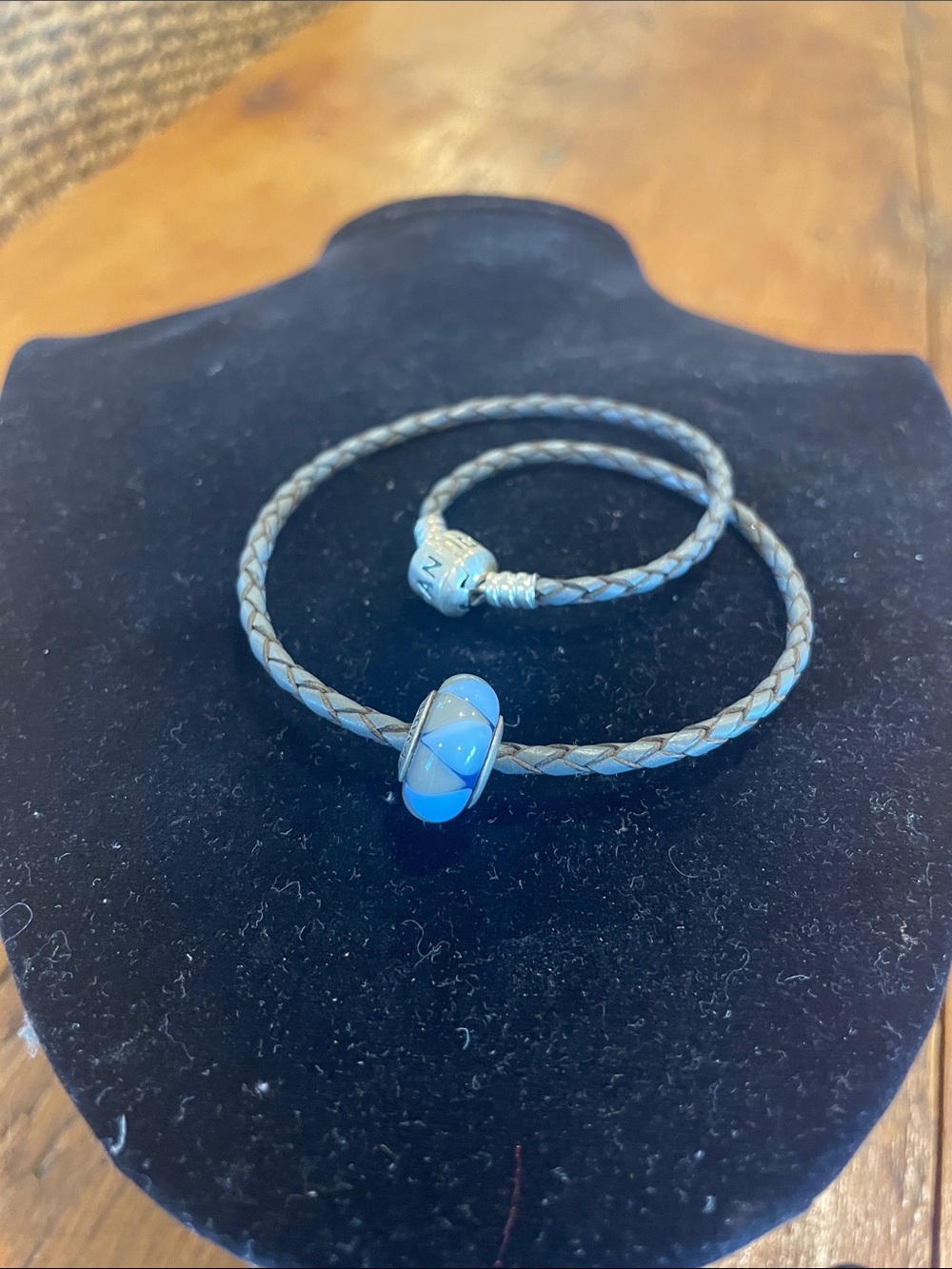 Pandora Light Blue Glass Bead Braided Leather Bracelet